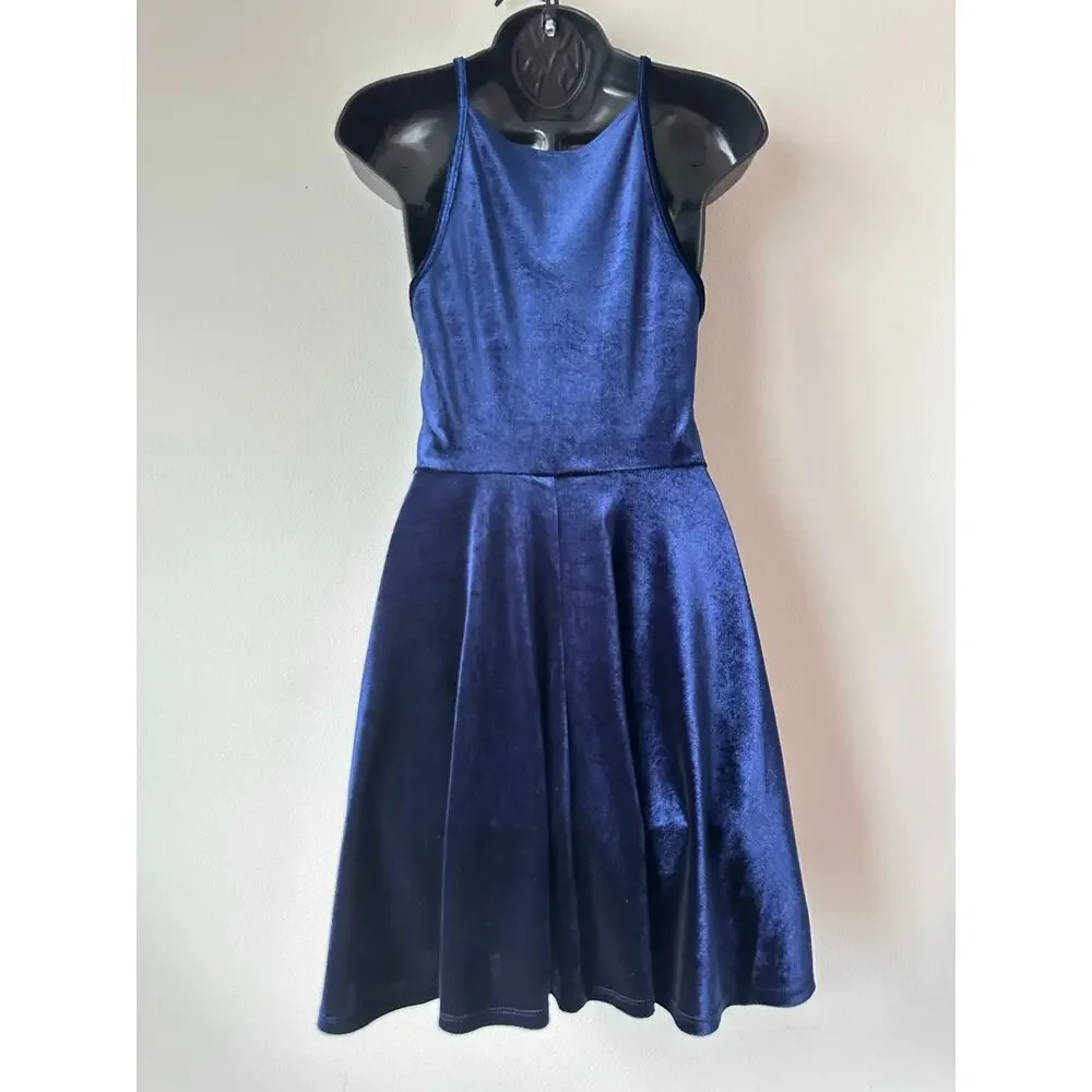Y2K Blue Velvet Mini Dress Square Neck Fit Flare Party Cocktail Whimsy Goth S